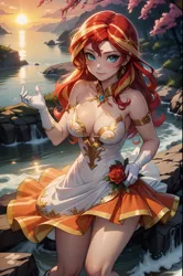 Size: 1360x2048 | Tagged: safe, derpibooru import, machine learning generated, sunset shimmer, human, ai content, breasts, busty sunset shimmer, clothes, dress, female, flower, generator:seaart.ai, gloves, humanized, image, jewelry, looking at you, nature, png, prompter:foylertf, smiling, smiling at you, solo, water