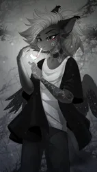 Size: 2790x4900 | Tagged: safe, artist:rico_chan, derpibooru import, oc, oc:juliasunlight, anthro, pegasus, pony, black and white, choker, cigarette, darkness, ear fluff, fire, grayscale, image, lighter, makeup, manga, monochrome, png, sadness, smoke, solo, tattoo