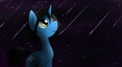 Size: 1960x1080 | Tagged: safe, artist:dshou, derpibooru import, oc, oc:starly, unofficial characters only, pony, unicorn, female, horn, image, jpeg, looking up, mare, meteor shower, smiling, solo, unicorn oc