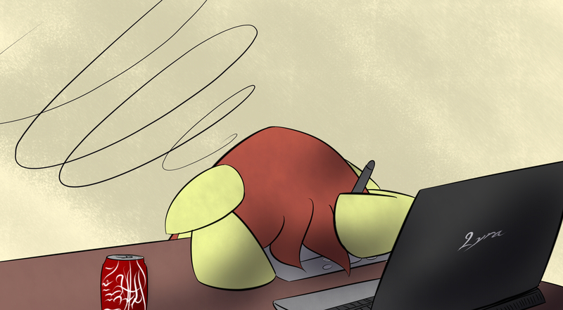 Size: 1960x1080 | Tagged: safe, artist:dshou, derpibooru import, oc, oc:shooting star, unofficial characters only, pony, computer, desk, drawing tablet, drink, facedesk, floppy ears, hoof hold, image, jpeg, laptop computer, soda can, solo, stylus