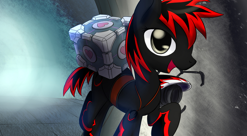 Size: 1960x1080 | Tagged: safe, artist:dshou, derpibooru import, oc, unofficial characters only, earth pony, pony, companion cube, earth pony oc, image, jewelry, jpeg, open mouth, pendant, portal (valve), portal gun, raised hoof, smiling, solo