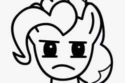 Size: 1078x718 | Tagged: safe, artist:divinearms, derpibooru import, pinkie pie, earth pony, pony, semi-anthro, animated, blinking, blooper, cupcake, female, food, g4, image, mare, monochrome, old art, solo, staring contest, webm, youtube link