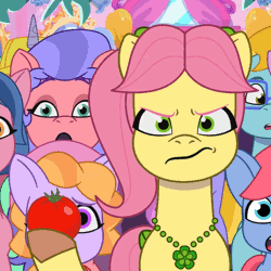 Size: 640x640 | Tagged: safe, derpibooru import, screencap, posey (g5), g5, my little pony: tell your tale, spoiler:g5, spoiler:my little pony: tell your tale, spoiler:tyts01e60, angry, animated, cherry flyaway, cropped, dazey puzzle, food, gif, image, kazoo (g5), paper clip (g5), plum library, posey bloom is not amused, scents of adventure, throwing, tomato, unamused, youtube link