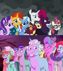 Size: 1080x1229 | Tagged: safe, derpibooru import, screencap, chancellor neighsay, fizzlepop berrytwist, lemon hearts, moondancer, pokey pierce, posey (g5), queen haven, rocky riff, sea swirl, seafoam, starlight glimmer, sunburst, tempest shadow, trixie, earth pony, pegasus, pony, unicorn, g5, my little pony: tell your tale, the ending of the end, alphabittle blossomforth, background pony, broken horn, cape, cherry prancer, cloak, clothes, eye contact, eye scar, facial scar, female, firework-ing together, horn, image, jazz hooves, jpeg, looking at each other, looking at someone, male, mare, muffin top (g5), ponies standing next to each other, robe, rufus, scar, scarf, shipping fuel, smiling, stallion, sugarpuff lilac, sunburst's cloak, thunder flap, trixie's cape, when he smiles, when she smiles