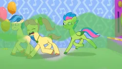 Size: 3072x1727 | Tagged: safe, derpibooru import, screencap, posey (g5), unnamed character, earth pony, pegasus, pony, g5, my little pony: tell your tale, spoiler:g5, spoiler:my little pony: tell your tale, spoiler:tyts01e60, female, frown, image, jpeg, luminous dazzle, male, mane melody (location), mare, open mouth, scents of adventure, stallion, trio