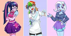 Size: 1492x752 | Tagged: safe, artist:dalsegno, derpibooru import, edit, rainbow dash, sci-twi, trixie, twilight sparkle, equestria girls, clothes, female, glasses, image, jpeg, sci-twi outfits, shorts, simple background, skirt, smiling, trio