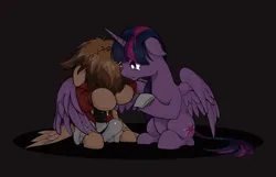 Size: 1551x1001 | Tagged: safe, artist:thurder2020, derpibooru import, twilight sparkle, twilight sparkle (alicorn), ponified, alicorn, pegasus, pony, crossover, floppy ears, hug, image, jaden yuki, png, winghug, wings, yu-gi-oh!, yu-gi-oh! gx