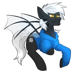 Size: 2480x2480 | Tagged: safe, artist:sinrinf, derpibooru import, oc, oc:pavuken, unofficial characters only, hybrid, pony, clothes, glow, glowing eyes, hoodie, image, png, simple background, solo, spider web, transparent background