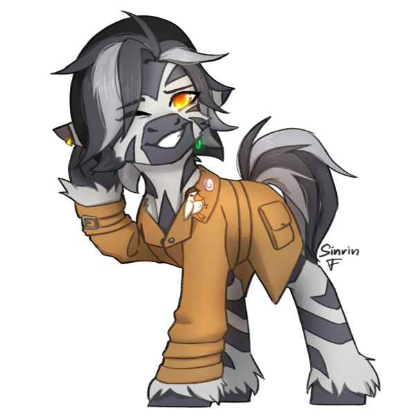 Size: 2480x2480 | Tagged: safe, artist:sinrinf, derpibooru import, oc, oc:sunny, zebra, clothes, detective, hat, image, png, simple background, smiling, solo, transparent background, zebra oc