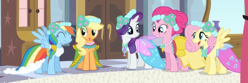Size: 2065x693 | Tagged: safe, derpibooru import, screencap, applejack, fluttershy, pinkie pie, rainbow dash, rarity, earth pony, pegasus, pony, unicorn, a canterlot wedding, alternate hairstyle, beautiful, bedroom, bridesmaid, bridesmaid dress, bridesmaids, canterlot, canterlot castle, clothes, cropped, cute, door, dress, excited, female, floral head wreath, flower, flower in hair, flutterbeautiful, gown, happy, image, jpeg, mare, mirror, royal wedding, rug, spread wings, wings