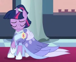 Size: 909x740 | Tagged: safe, derpibooru import, screencap, twilight sparkle, twilight sparkle (alicorn), alicorn, pony, the last problem, alternate hairstyle, beautiful, canterlot, canterlot castle, carpet, clothes, coronation dress, cropped, dress, evening, eyes closed, female, gown, happy, image, jpeg, mare, pillar, red carpet, regal, sash, second coronation dress, solo, turning