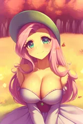 Size: 2048x3072 | Tagged: suggestive, derpibooru import, machine learning generated, stable diffusion, fluttershy, human, pony, equestria girls, adorasexy, ai content, arm fluff, autumn, big breasts, blushing, breasts, busty fluttershy, cheek fluff, cleavage, clothes, cute, dress, falling leaves, female, generator:purplesmart.ai, grass, grass field, hat, image, jpeg, leaves, looking at you, mare, meadow, prompter:bazed, sexy, shoulder fluff, shyabetes, smiling, solo, stupid sexy fluttershy