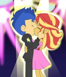 Size: 1950x2289 | Tagged: safe, artist:lirudraw, derpibooru import, flash sentry, sunset shimmer, human, equestria girls, clothes, duo, embrace, eyes closed, female, flashimmer, hand on cheek, image, kiss on the lips, kissing, male, pink dress, png, shipping, spotlight, straight