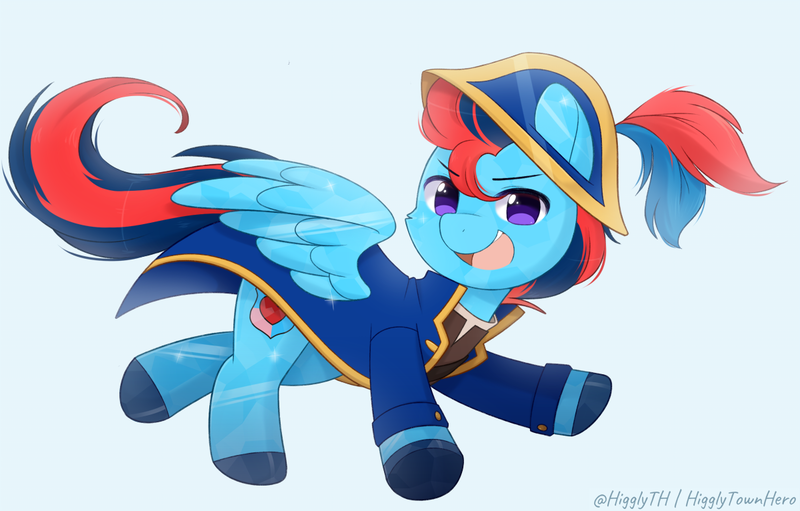 Size: 1200x766 | Tagged: safe, artist:higgly-chan, derpibooru import, oc, oc:andrew swiftwing, oc:swift sail, unofficial characters only, crystal pony, pegasus, pony, alternate universe, chibi, clothes, coat markings, fantasy class, feather, flying, hat, image, male, png, simple background, solo, spread wings, stallion, wings
