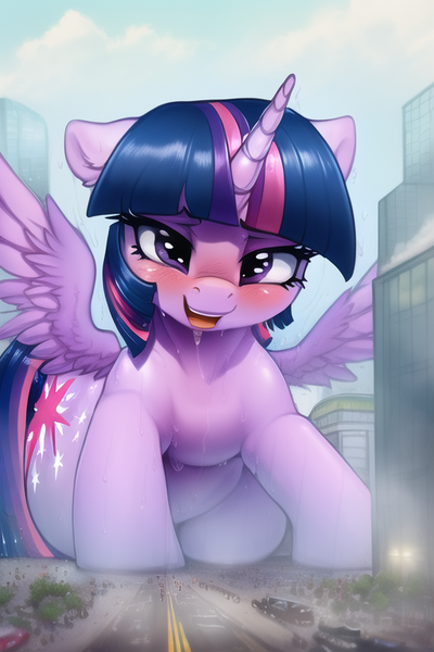 Size: 512x768 | Tagged: suggestive, derpibooru import, editor:giantpony, machine learning generated, novelai, stable diffusion, twilight sparkle, twilight sparkle (alicorn), alicorn, pony, afterglow, ai content, blushing, dripping, drool, embarrassed, estrus, female, gasp, gasping, giant pony, giant twilight sparkle, giantess, height difference, humid, image, implied orgasm, implied tiny humans, looming, looming over, macro, macro/micro, mega giant, moist, panting, png, small wings, spread wings, story included, wings