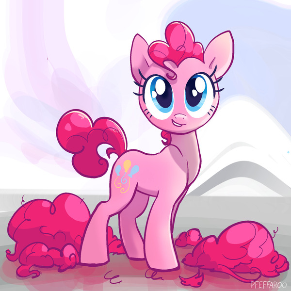 Size: 2048x2048 | Tagged: safe, artist:pfeffaroo, derpibooru import, pinkie pie, earth pony, pony, alternate hairstyle, haircut, image, jpeg, short mane, short tail, smiling, solo, tail