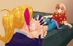 Size: 2268x1434 | Tagged: suggestive, alternate version, artist:dalsegno, ponerpics import, ponybooru import, oc, oc:mandarine mélange, human, equestria girls, blushing, breasts, couch, crossover, feet, fetish, foot fetish, grin, image, kissing, muse dash, nervous, nervous grin, png, rin (muse dash), smiling, soles, steam, toes