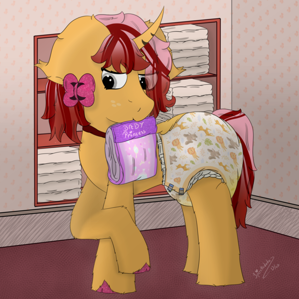 Size: 4000x4000 | Tagged: questionable, artist:spiroudada, derpibooru import, oc, oc:dolly hooves, unofficial characters only, pony, unicorn, blushing, bow, commission, cute, diaper, diaper fetish, fetish, image, male, pink, png, simple background, stallion, wet diaper, ych example, yellow, your character here