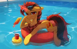 Size: 1280x826 | Tagged: safe, artist:astralblues, derpibooru import, oc, pony, unicorn, image, inner tube, male, png, pool toy, solo, stallion, sunglasses, swimming pool, water