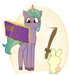 Size: 1369x1487 | Tagged: safe, artist:equestriaexploration, derpibooru import, alicorn, bunnycorn, pony, rabbit, g5, animal, book, image, magic, png, shiny sparks, simple background, sword, transparent background, weapon, wooden sword