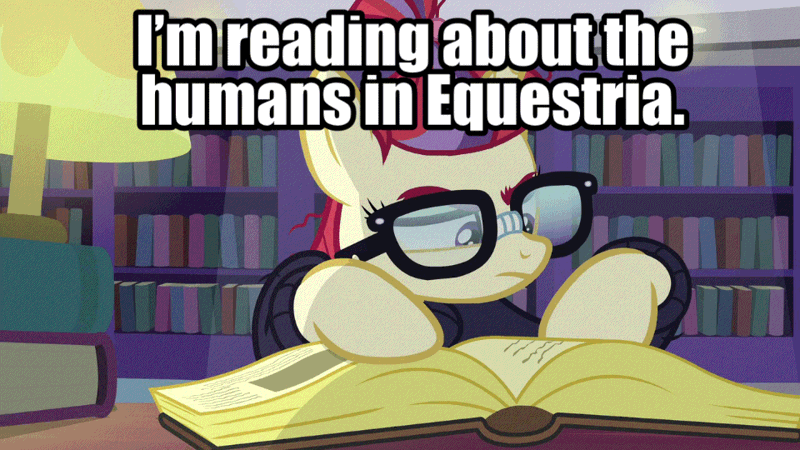 Size: 960x540 | Tagged: safe, edit, edited screencap, editor:undeadponysoldier, ponerpics import, ponybooru import, screencap, moondancer, pony, unicorn, amending fences, book, clothes, female, gif, glasses, humans in equestria, image, implied human, interested, intrigued, lamp, library, mare, reading, solo, sweater, tape, text