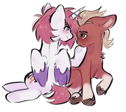 Size: 1635x1455 | Tagged: safe, artist:itssilver, derpibooru import, sprout cloverleaf, oc, oc:blaze, alicorn, earth pony, pony, g5, alicorn oc, blushing, canon x oc, female, hoof on chin, horn, image, looking at each other, looking at someone, male, png, shipping, simple background, straight, wings