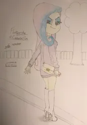 Size: 1484x2119 | Tagged: safe, artist:gibsterboy5, derpibooru import, fluttershy, human, equestria girls, alternate hair color, bag, boots, clothes, eyeshadow, female, handbag, high heel boots, high heels, image, jpeg, leather, leather boots, looking back, makeup, multicolored hair, park, phone, shoes, signature, simple background, smiling, smirk, solo, standing, sweater, thighs, traditional art, tree, white background