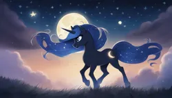 Size: 2688x1536 | Tagged: safe, derpibooru import, machine learning generated, stable diffusion, oc, pony, unicorn, ai content, ethereal mane, ethereal tail, female, full moon, generator:sdxl, image, jpeg, mare, moon, night, not luna, prompter:siber, scenery, solo, tail, trotting, wavy mane, wavy tail