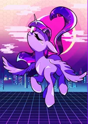 Size: 1448x2048 | Tagged: safe, artist:stacy_165cut, derpibooru import, twilight sparkle, twilight sparkle (alicorn), alicorn, pony, eyes closed, female, image, jpeg, mare, smiling, solo, synthwave