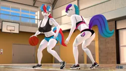 Size: 1920x1080 | Tagged: suggestive, artist:anthroponiessfm, derpibooru import, oc, oc:audina puzzle, oc:aurora starling, anthro, plantigrade anthro, 3d, anthro oc, ass, ball, basketball, butt, clothes, duo, duo female, female, image, looking at each other, looking at someone, png, shoes, shorts, source filmmaker, sports, sports bra