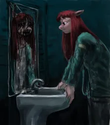 Size: 3594x4096 | Tagged: semi-grimdark, artist:misstwipietwins, derpibooru import, pinkie pie, anthro, earth pony, blood, breaking the fourth wall, clothes, crossover, horror, image, jpeg, lidded eyes, looking at you, mirror, pants, pinkamena diane pie, shirt, silent hill, sink, wip