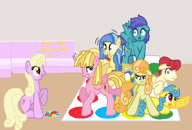 Size: 1093x741 | Tagged: safe, artist:starryc94, derpibooru import, cool star, junebug, lemon hearts, luckette, meadow flower, open skies, starburst (character), sunshower, pony, base used, female, game, group, image, male, mare, png, sitting, stallion, twister