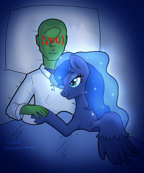 Size: 1080x1297 | Tagged: safe, alternate version, artist:kumakum, derpibooru import, princess luna, oc, oc:anon, alicorn, (you), bed, image, png, simple background, wholesome