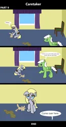 Size: 1920x3688 | Tagged: safe, artist:platinumdrop, derpibooru import, derpy hooves, oc, oc:anon, oc:anon stallion, pegasus, pony, comic:caretaker, 3 panel comic, abuse, angry, avoiding eye contact, bedroom, bound wings, bruised, caretaker, chair, comic, commission, crying, derpybuse, dialogue, disciplinary action, discipline, domestic abuse, fear, female, floppy ears, giggling, happy, image, implied abuse, implied spanking, looking at you, male, mare, offscreen character, open mouth, playing, plushie, png, punishment, raised hoof, rope, sad, scared, sitting, speech, speech bubble, stallion, stern, talking, tears of sadness, this will end in pain, toy, walking, window, wings