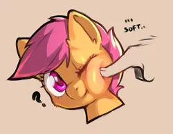 Size: 1143x888 | Tagged: safe, artist:cold-blooded-twilight, derpibooru import, scootaloo, pegasus, pony, bust, cheek fluff, cheek squish, confused, cute, cutealoo, dialogue, ear fluff, female, filly, foal, gray background, hand, image, offscreen character, one eye closed, png, poking, question mark, simple background, smiling, soft, squishy cheeks, wink