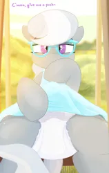Size: 1368x2160 | Tagged: suggestive, alternate version, artist:not_texmex, derpibooru import, silver spoon, earth pony, pony, blue dress, clothes, derpibooru exclusive, diaper, diaper fetish, dock, dress, dress lift, female, fetish, filly, flashing, foal, foalcon, glasses, image, looking at you, outdoors, png, sitting, skirt, smiling, solo, solo female, swing, swing set, tail, underage, upskirt, white diaper