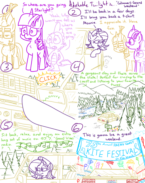 Size: 4779x6013 | Tagged: safe, artist:adorkabletwilightandfriends, derpibooru import, moondancer, spike, starlight glimmer, twilight sparkle, twilight sparkle (alicorn), alicorn, comic:adorkable twilight and friends, eqg summertime shorts, equestria girls, good vibes, adorkable, adorkable twilight, automobile, banner, car, click, clothes, comic, concerned, cute, dork, driving, forest, glasses, image, kite, kite flying, mood, mountain, music, music notes, nature, png, radio, relaxed, relaxed face, relaxing, road trip, scenery, scenery porn, sign, slice of life, smiling, sweater, tree, vacation, volvo