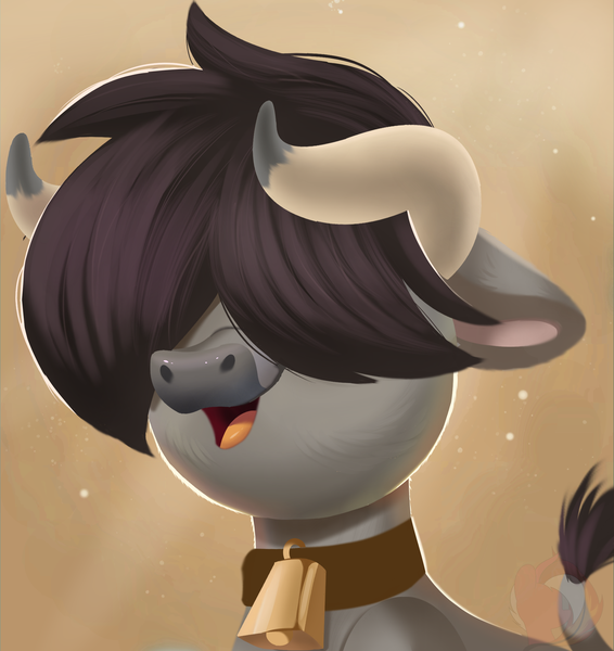 Size: 2056x2180 | Tagged: safe, artist:joaothejohn, derpibooru import, oc, oc:coal trail, unofficial characters only, bull, bell, bell collar, bovine, collar, covering, covering eyes, fur, horns, image, male, png, simple background, smiling