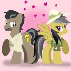 Size: 1400x1400 | Tagged: safe, artist:mlplary6, derpibooru import, daring do, doctor caballeron, earth pony, pegasus, pony, boyfriend and girlfriend, clothes, daballeron, female, hat, heart, image, looking at each other, looking at someone, love, male, mare, png, shipping, smiling, smiling at each other, stallion, straight