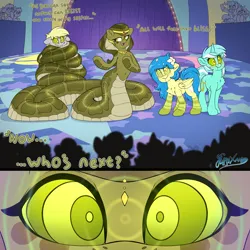 Size: 5000x5000 | Tagged: safe, artist:fluffyxai, derpibooru import, derpy hooves, lyra heartstrings, oc, oc:melyssa, oc:sea breeze, lamia, original species, serpent, snake, accessory, background, circus, coiling, coils, hypnosis, image, jewelry, looking at you, performance, png, speech, tail, talking, text, wrap, wrapped snuggly, wrapped up