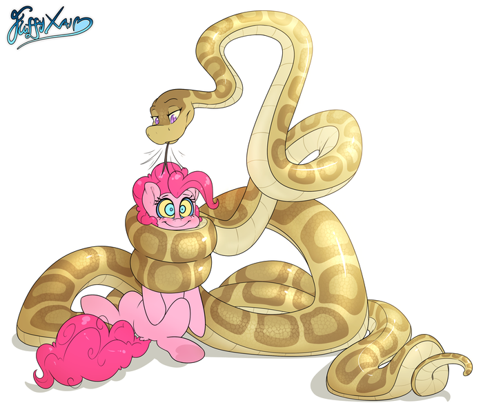 Size: 3451x2905 | Tagged: questionable, artist:fluffyxai, derpibooru import, pinkie pie, oc, oc:anika, serpent, snake, coiling, coils, hypnosis, image, png, simple background, smiling, white background, wrapped up
