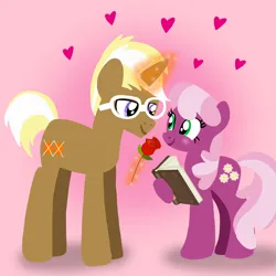 Size: 1400x1400 | Tagged: safe, artist:mlplary6, derpibooru import, cheerilee, trenderhoof, earth pony, pony, unicorn, blushing, book, boyfriend and girlfriend, female, flower, glasses, heart, image, looking at each other, looking at someone, love, magic, magic aura, male, mare, png, shipping, smiling, smiling at each other, stallion, straight, trenderlee