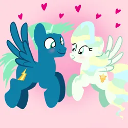 Size: 1400x1400 | Tagged: safe, artist:mlplary6, derpibooru import, sky stinger, vapor trail, pegasus, pony, blushing, boyfriend and girlfriend, female, flying, heart, image, looking at each other, looking at someone, love, male, mare, png, shipping, smiling, smiling at each other, stallion, straight, vaporsky