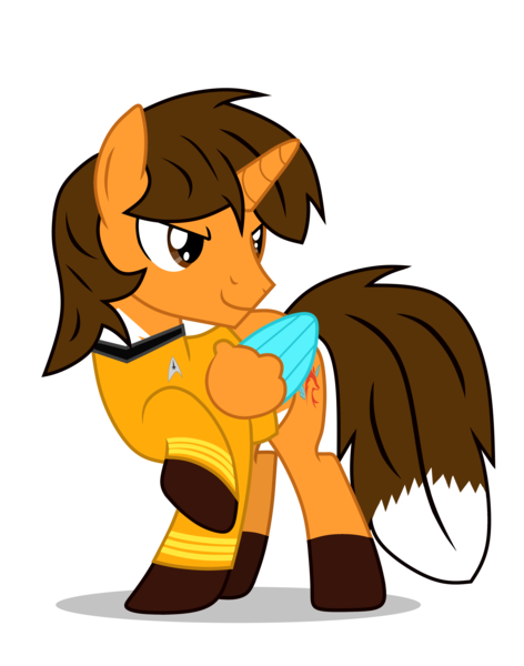 Size: 3600x4577 | Tagged: safe, artist:creedyboy124, derpibooru import, oc, oc:ej, unofficial characters only, alicorn, pony, clothes, colored wings, fox tail, image, james t kirk, male, multicolored wings, png, simple background, smiling, solo, stallion, star trek, tail, transparent background, uniform, wings