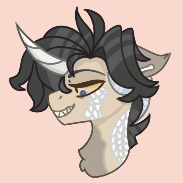 Size: 4000x4000 | Tagged: safe, derpibooru import, oc, hybrid, kirin, pony, unicorn, curved horn, horn, image, lidded eyes, male, molten marrow, png, scales, sharp teeth, simple background, smiling, smirk, stallion, teeth