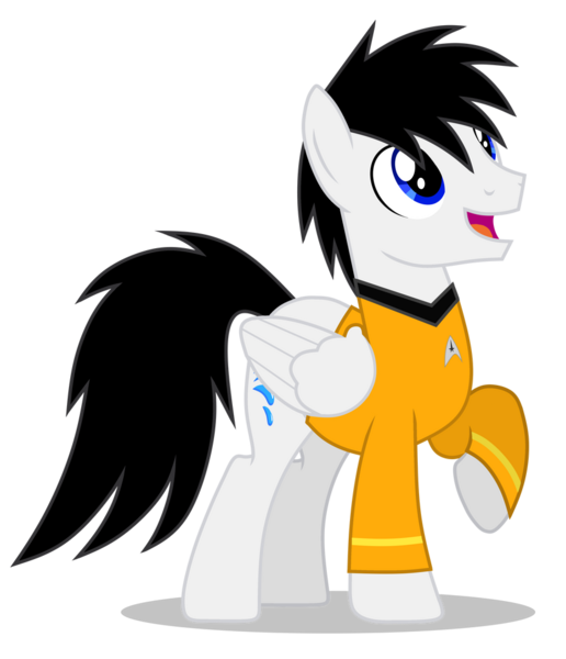 Size: 828x963 | Tagged: safe, artist:creedyboy124, derpibooru import, oc, oc:shane park, unofficial characters only, pegasus, pony, clothes, hikaru sulu, image, male, open mouth, png, simple background, smiling, solo, star trek, transparent background, uniform