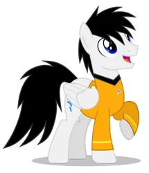 Size: 828x963 | Tagged: safe, artist:creedyboy124, derpibooru import, oc, oc:shane park, unofficial characters only, pegasus, pony, clothes, hikaru sulu, image, male, open mouth, png, simple background, smiling, solo, star trek, transparent background, uniform