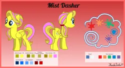 Size: 6000x3240 | Tagged: safe, artist:thunderdasher07, derpibooru import, oc, oc:mist dasher, unofficial characters only, pegasus, pony, butt freckles, cutie mark, female, freckles, gradient background, hairband, high res, image, mare, paint splatter, pegasus oc, png, reference sheet, signature, simple background, solo, tail, three quarter view, two toned mane, two toned tail, wings