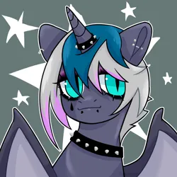 Size: 2000x2000 | Tagged: safe, artist:agdoapch, derpibooru import, oc, oc:elizabat stormfeather, alicorn, bat pony, bat pony alicorn, pony, alicorn oc, bat pony oc, bat wings, choker, commission, cute, ear piercing, earring, eyeshadow, female, goth, gray background, hair dye, horn, horn ring, image, jewelry, lip piercing, makeup, mare, piercing, png, ring, simple background, snake bites, solo, spiked choker, wings, ych result