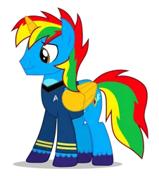 Size: 4000x4433 | Tagged: safe, artist:creedyboy124, derpibooru import, oc, oc:shield wing, unofficial characters only, alicorn, pony, clothes, image, male, png, simple background, smiling, solo, spock, stallion, star trek, transparent background, uniform, vector, vulcan